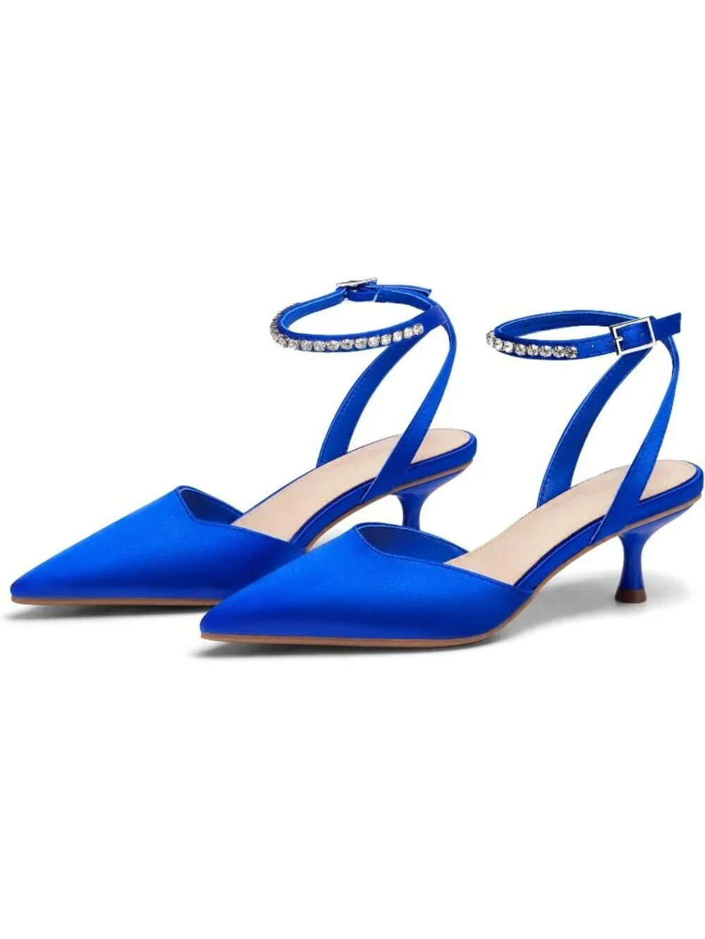 Women's Blue Satin Closed Pointed Toe Rhinestone Ankle Strap Wedding Pump Shoes